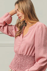 Smocking Waist Band and Puff Sleeves Deep V Neck Top BiBi